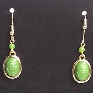 Vintage Gold Tone Scarab Jade Earrings